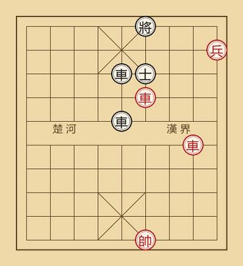 A xiangqi board diagram. Black (top) has its general on the centre of the back rank, an advisor on the point in front of it, and rooks on the two points beside and below that advisor; Red (bottom) has rooks on file six of the seventh rank and file eight of the fifth rank, a pawn on the second point of the top rank, and its king below the palace centre.